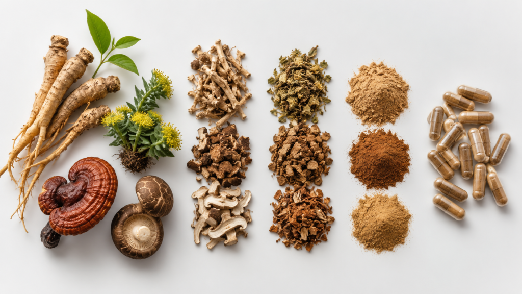 Assortment of natural health ingredients laid out in rows: roots, fungi, dried herbs, ground powders, and capsules on a white background.