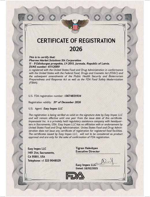 US FDA food facility registration 13674831934 for Pharma Market Solutions SIA, confirmation issued by US agent Easy Impex LLC