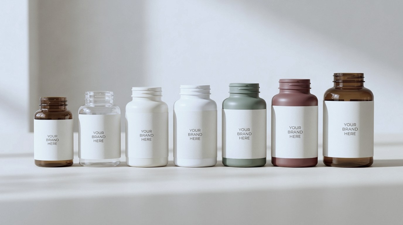 Seven capsule bottles of different sizes and colours in a row, each with a blank label