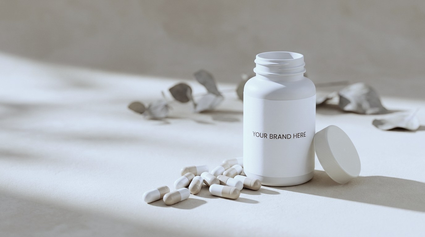 White capsules scattered beside an open white bottle with a blank label and a loose cap, eucalyptus leaves behind