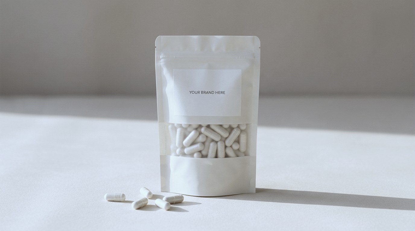 Zip-lock pouch of hard capsules with a blank private label — bulk and refill packing