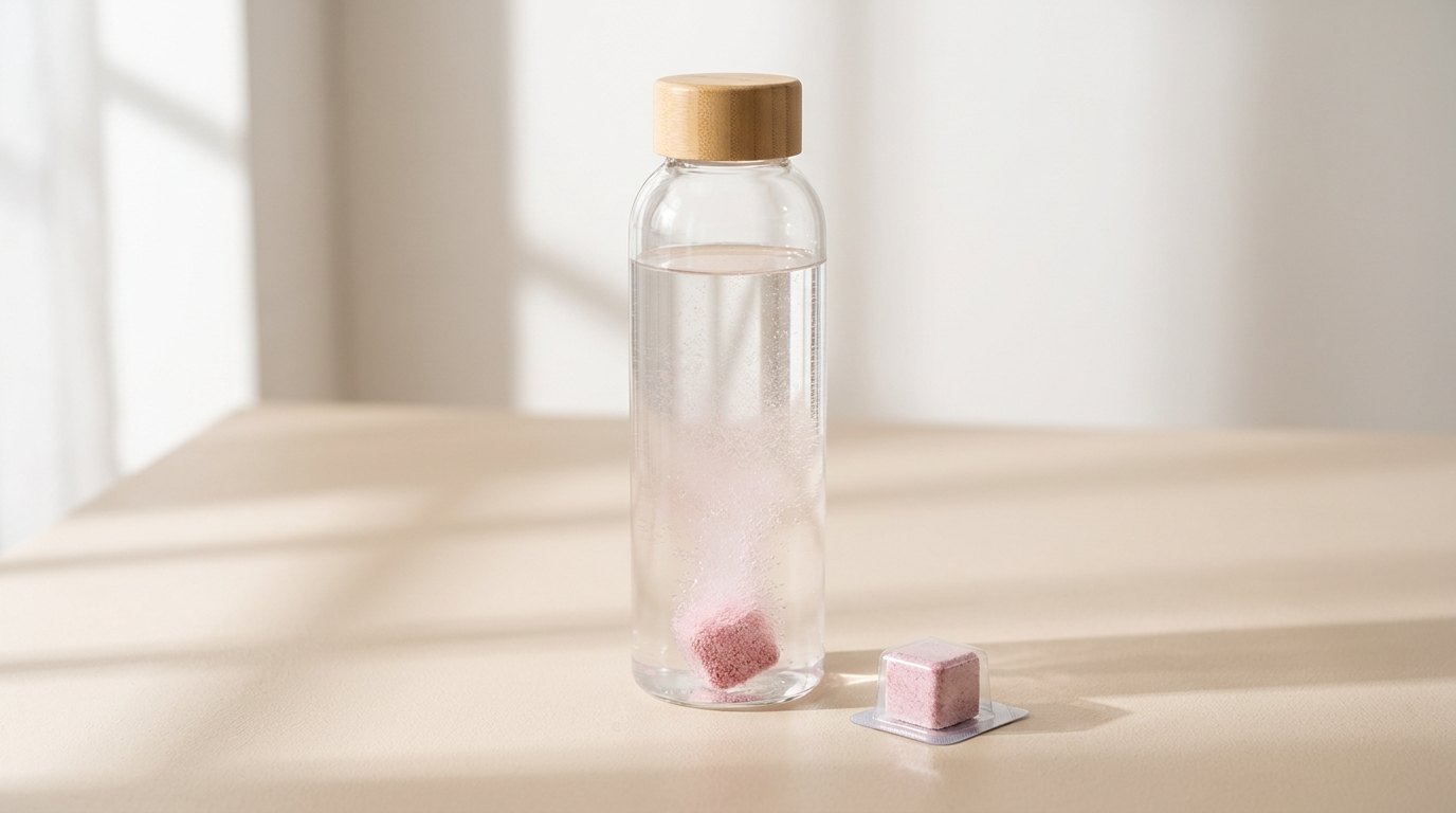 Drink cubes next to a bottle of water with a blank label