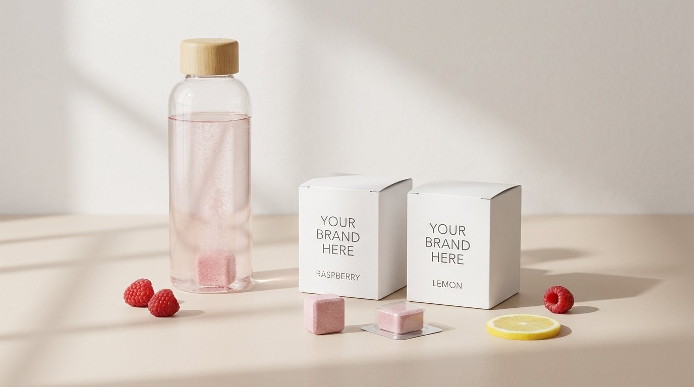 Private label drink cube box marked Your Brand Here, a cube in its own blister and a cube dissolving in a bottle of water