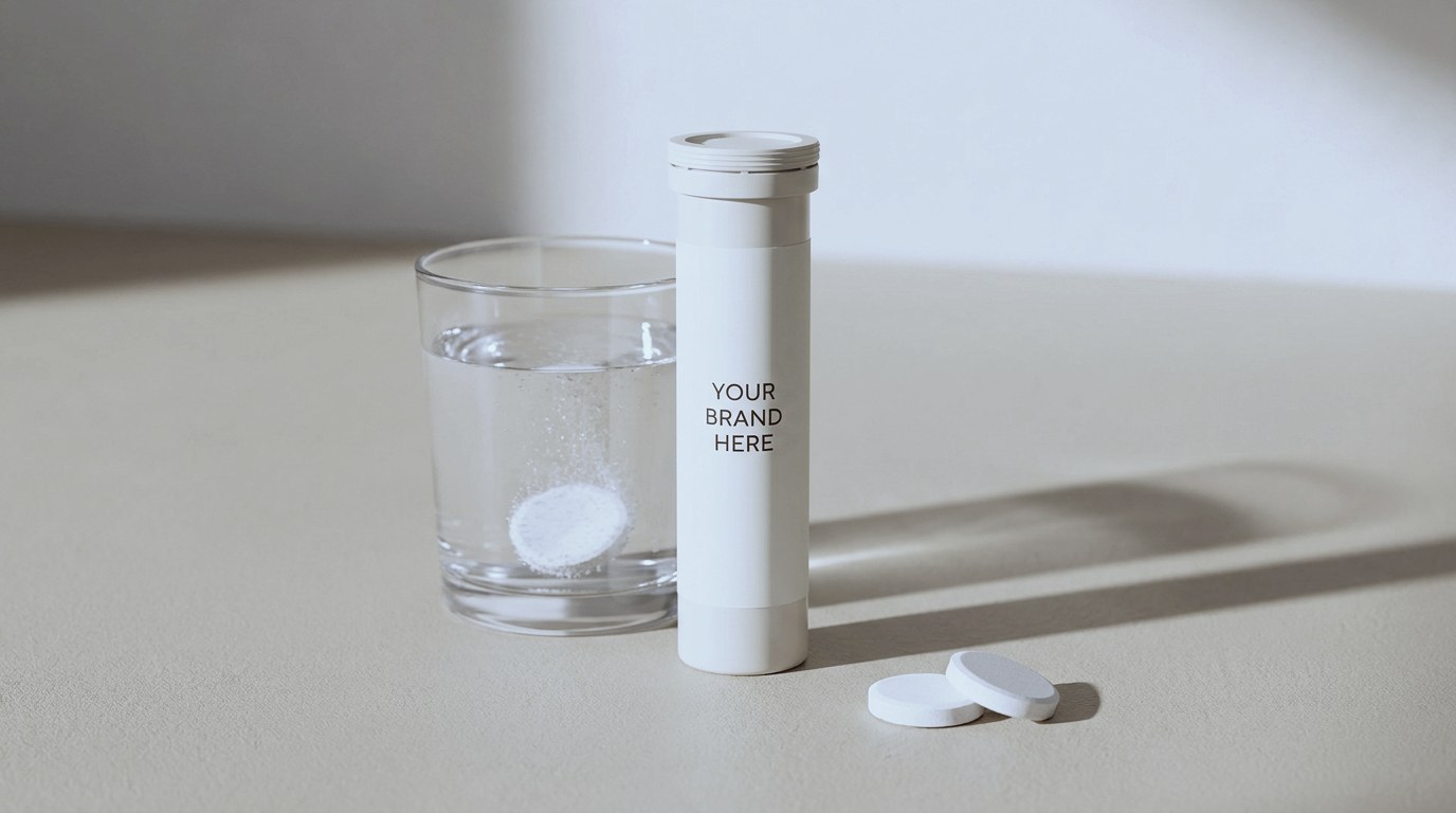 Effervescent tablet tube with a blank private label and a tablet dissolving in a glass of water — private label effervescent manufacturing in Europe