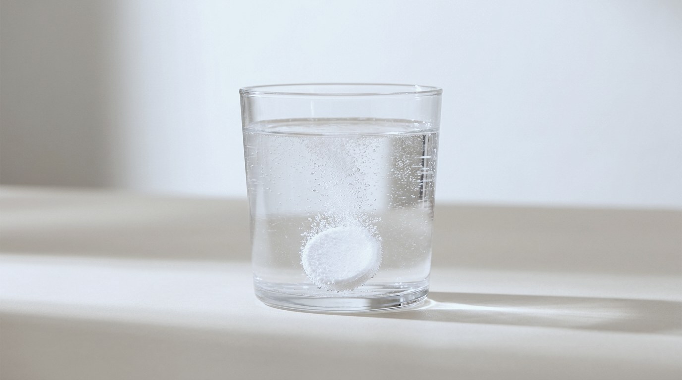 Effervescent tablet dissolving in a glass of water with rising bubbles