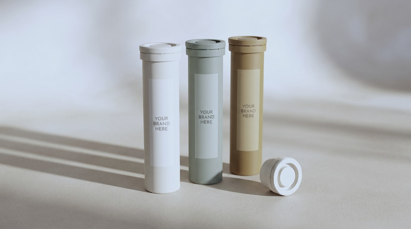 Three effervescent tablet tubes in white, grey-green and sand with blank labels, and a loose cap beside them