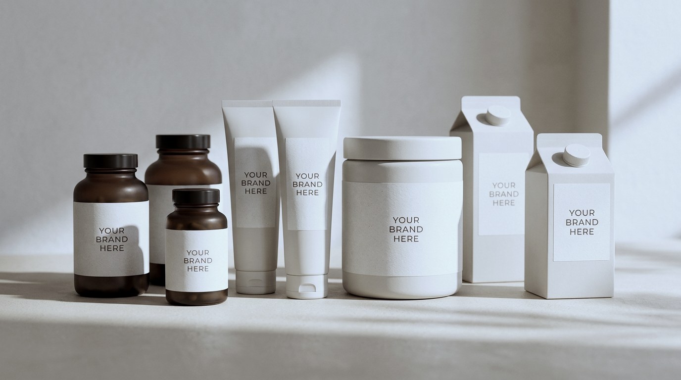 Range of private label supplement products with blank labels — ready-made formulas for your own brand