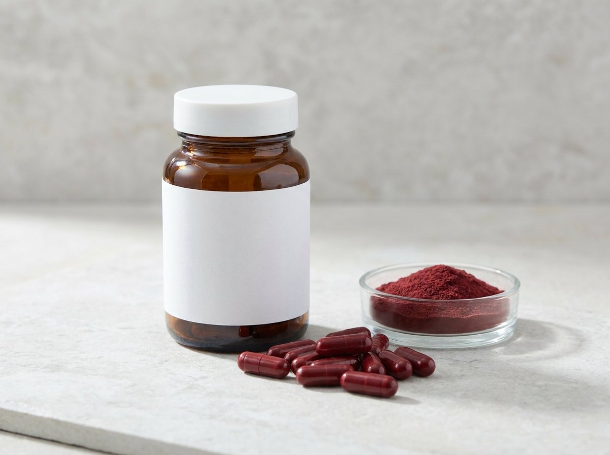 Amber supplement bottle with a blank label and dark red capsules — private label natural astaxanthin capsules for a longevity supplement line