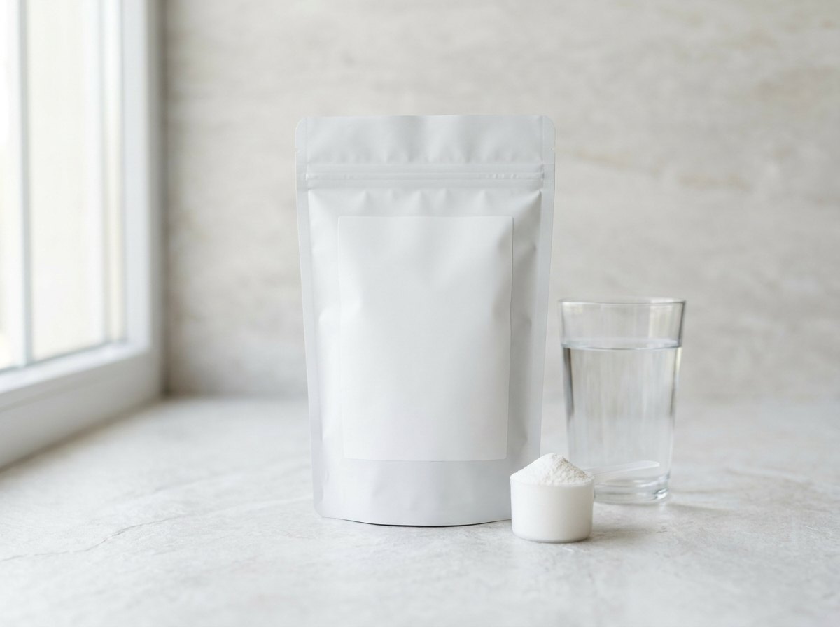 White stand-up pouch with a blank front and a scoop of powder — private label collagen complex powder for a longevity supplement line