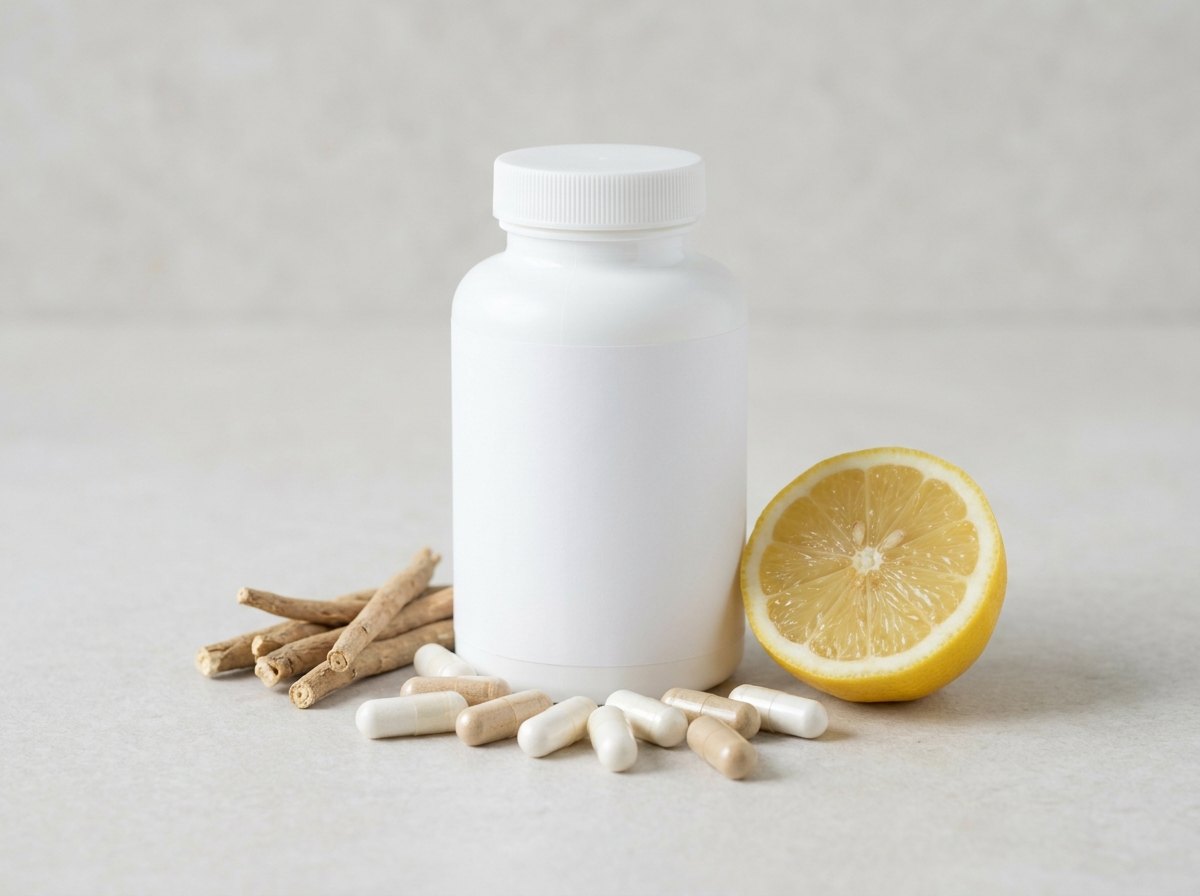 White supplement bottle with a blank label and mixed capsules — private label cell protection complex for a longevity supplement line
