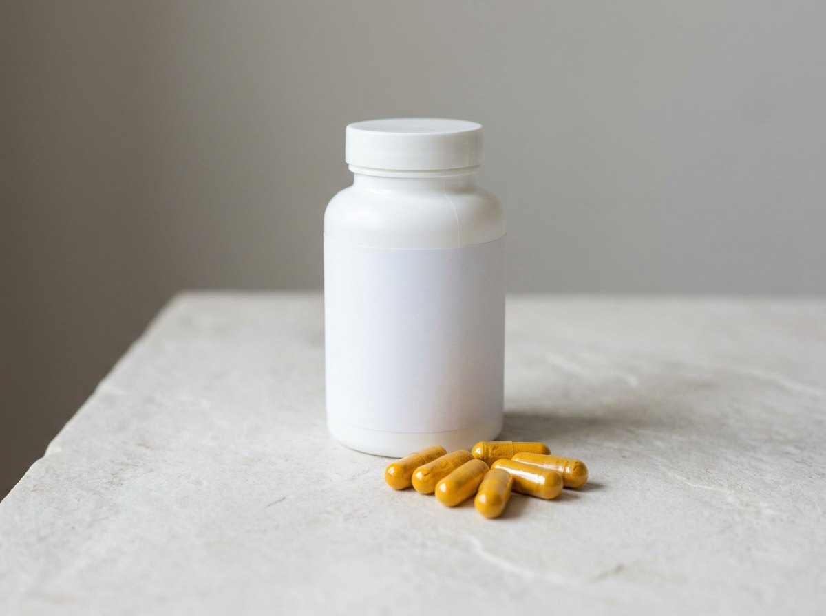 White supplement bottle with a blank label and yellow-orange capsules — private label coenzyme Q10 capsules for a longevity supplement line