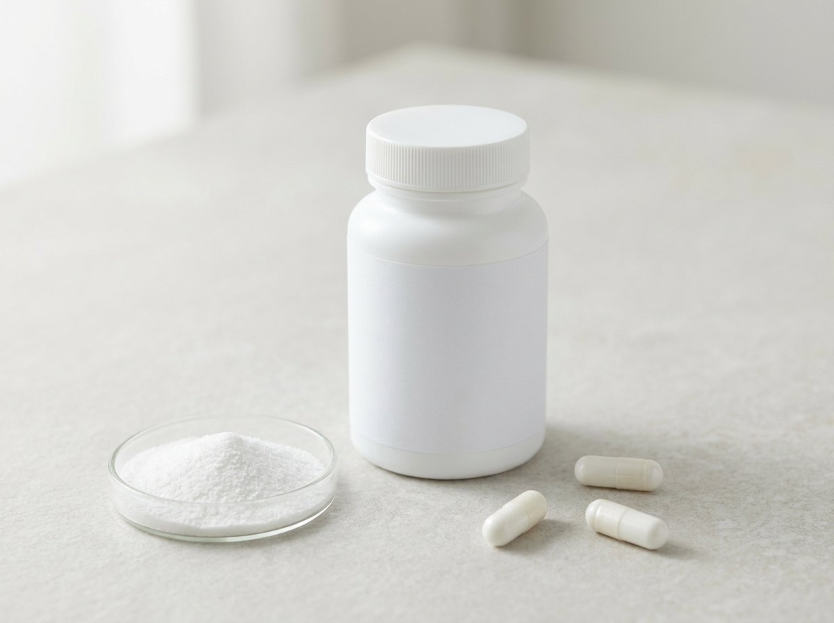 White supplement bottle with a blank label and white capsules — private label glutathione capsules for a longevity supplement line