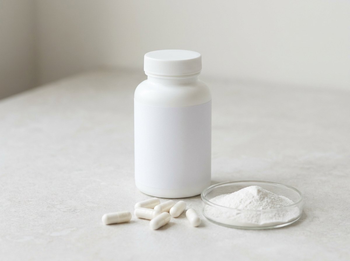 White supplement bottle with a blank label and white capsules — private label NAD+ nicotinamide riboside capsules for a longevity supplement line