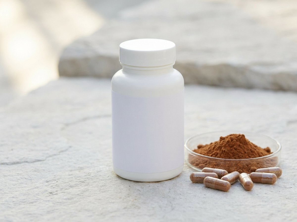 White supplement bottle with a blank label and reddish-brown capsules — private label PQQ capsules for a longevity supplement line