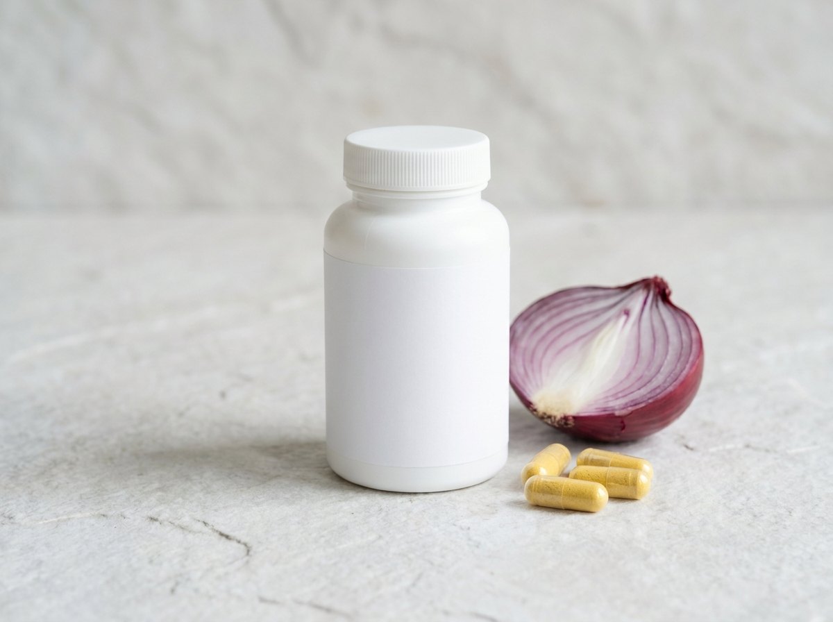 White supplement bottle with a blank label and yellow capsules — private label quercetin capsules for a longevity supplement line