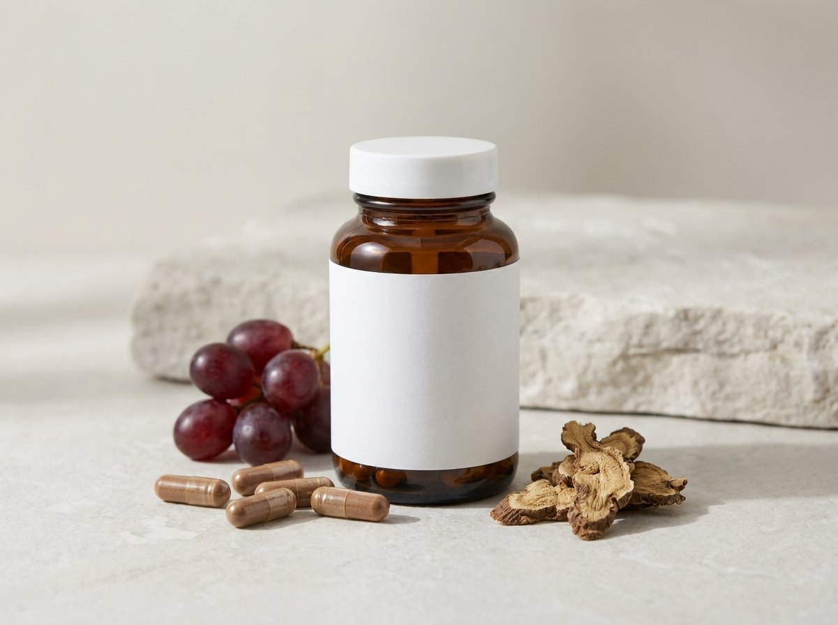Amber supplement bottle with a blank label, capsules, red grapes and knotweed root — private label resveratrol capsules for a longevity supplement line