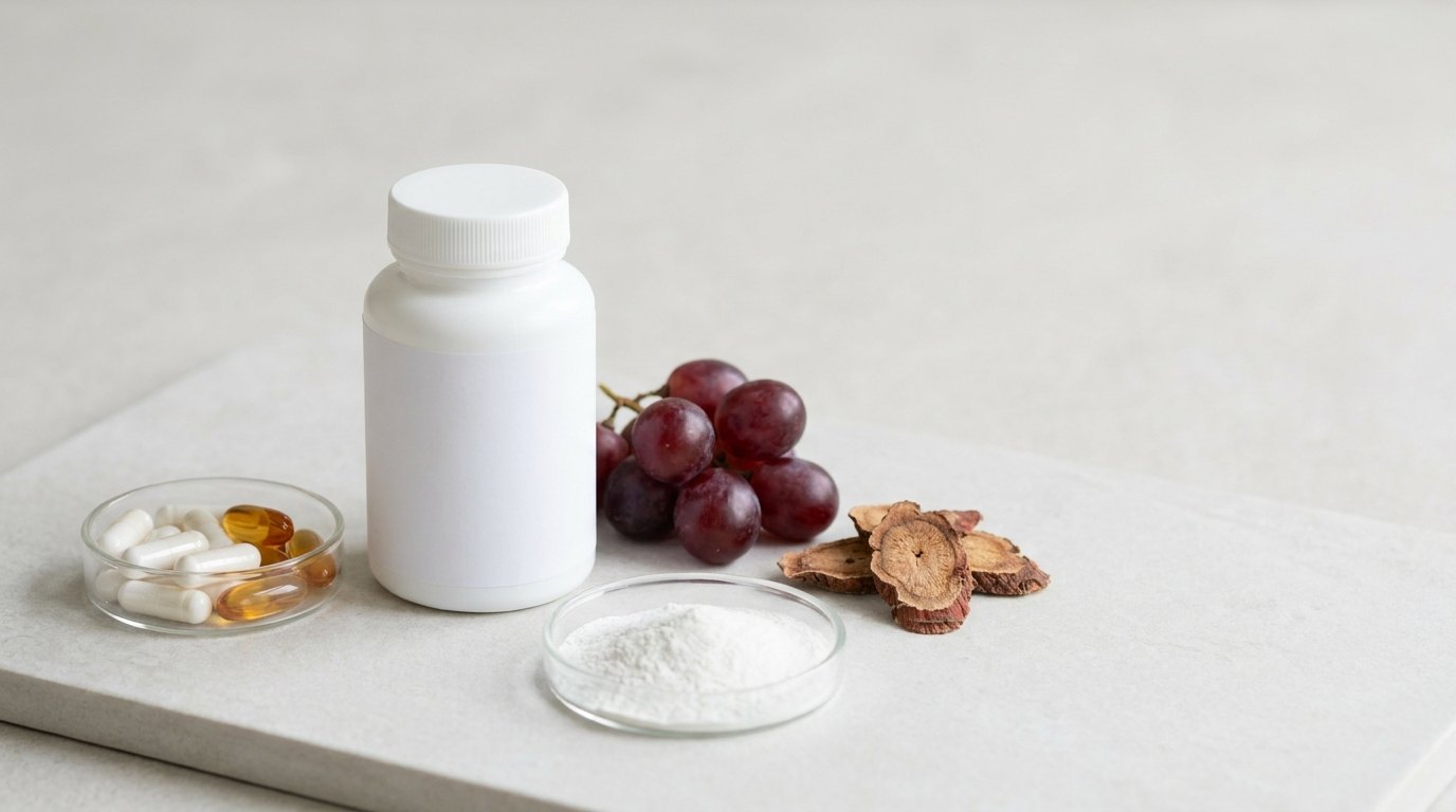 A white supplement bottle with a blank label, capsules and softgels, red grapes, dried knotweed root and a dish of powder — private label longevity supplements made in the EU