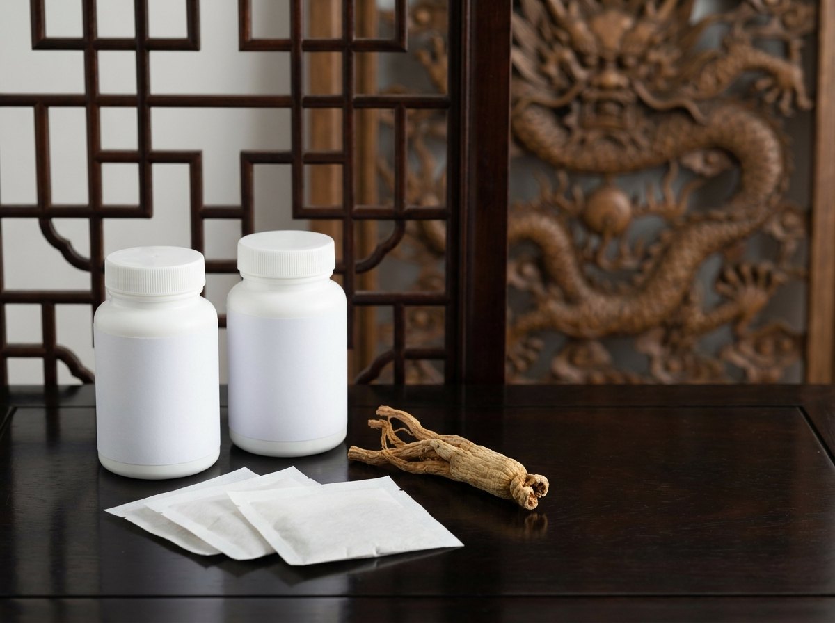 Two white supplement bottles with blank labels, three sachets and a dried ginseng root on a dark wooden table in front of a lattice screen and a carved dragon panel