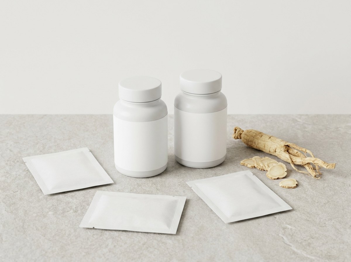 White supplement bottles with blank labels, three sachets and a ginseng root on a light stone surface