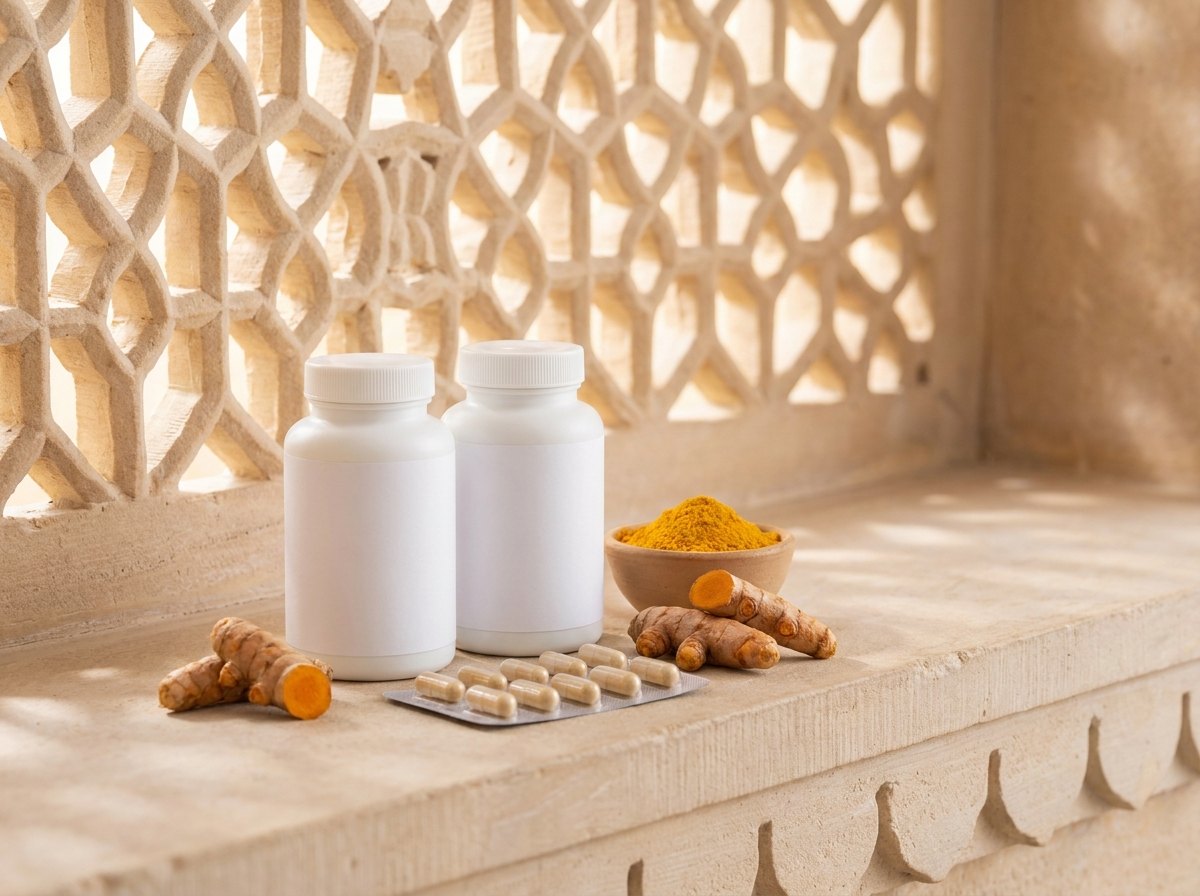 Two white supplement bottles with blank labels, a capsule blister, turmeric root and turmeric powder on a stone ledge in front of a carved jaali screen