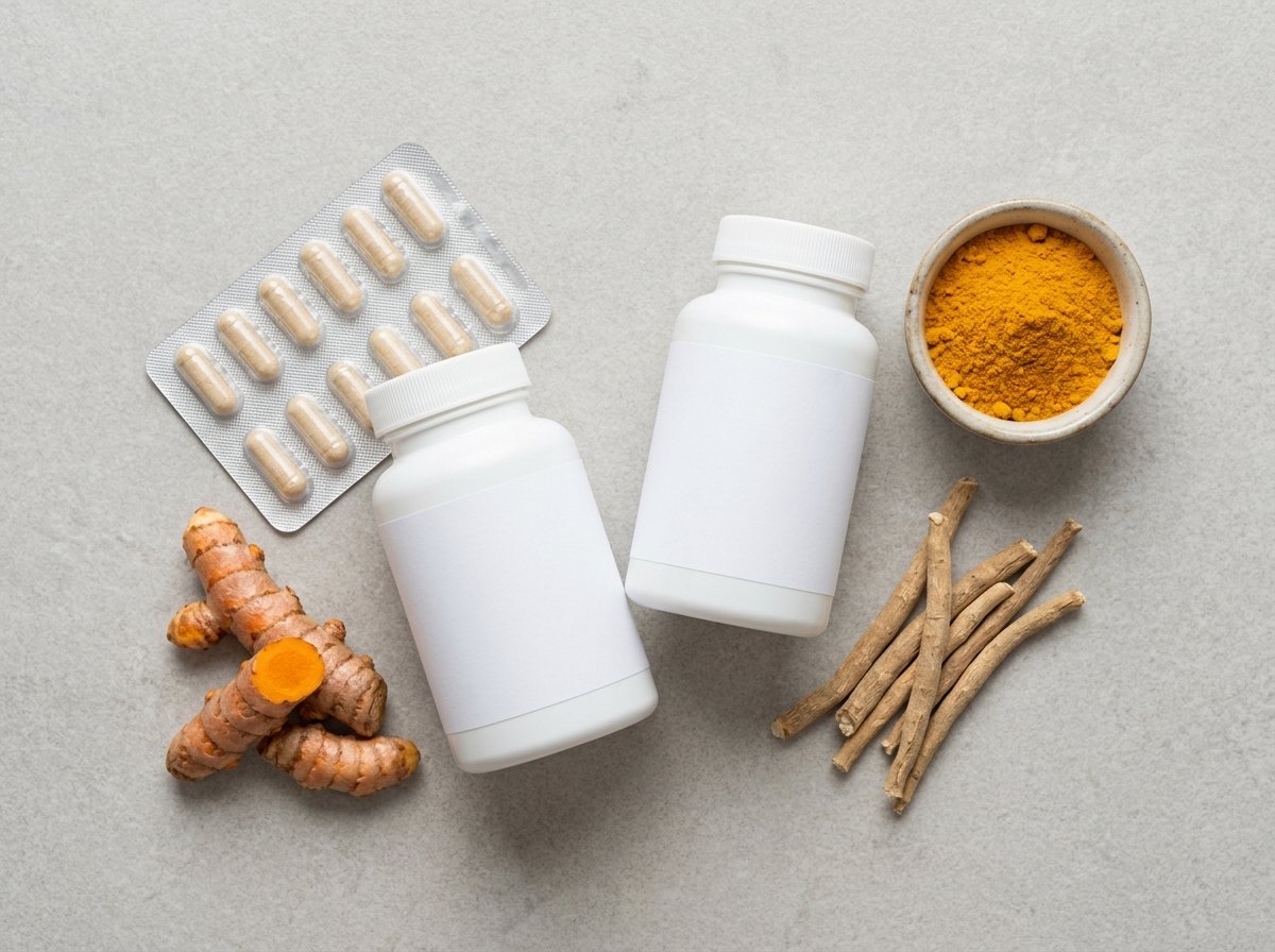 White supplement bottles with blank labels, a capsule blister, turmeric root and powder and ashwagandha roots on a light stone surface