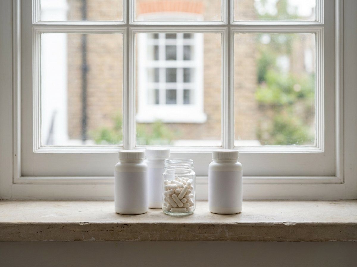 Three white supplement bottles with blank labels and a glass jar of capsules on a stone window ledge in front of a Georgian sash window