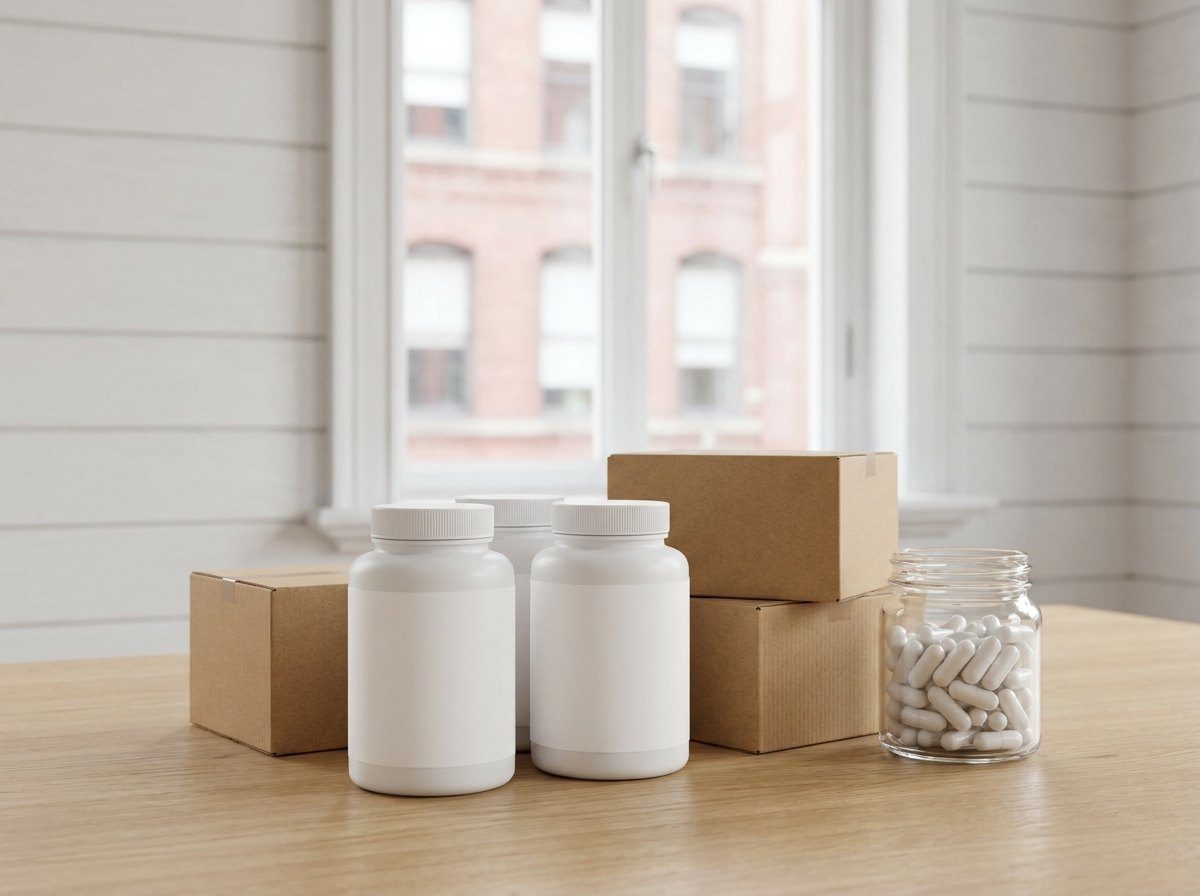 Three white supplement bottles with blank labels, brown shipping cartons and a glass jar of capsules on an oak table in front of a window