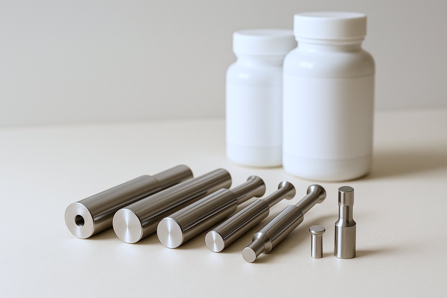 Stainless tablet press punches and a die laid out on a table beside blank white supplement bottles