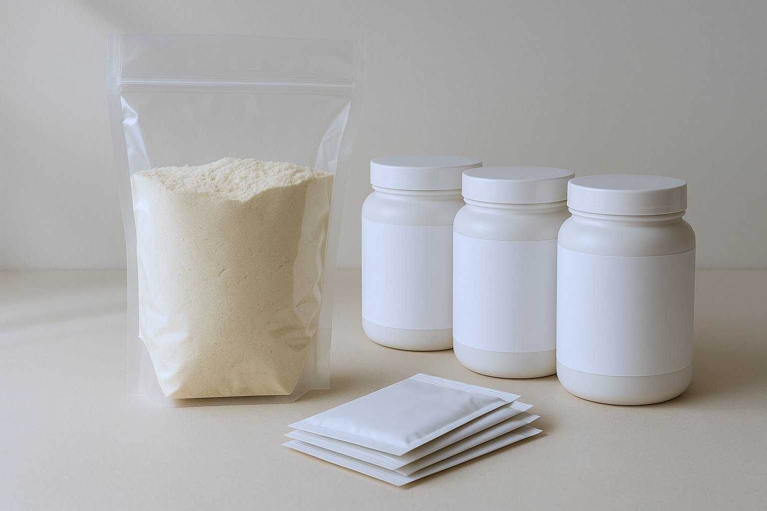 A one-kilogram bag of protein powder beside 300-gram jars and single-serve sachets with blank labels