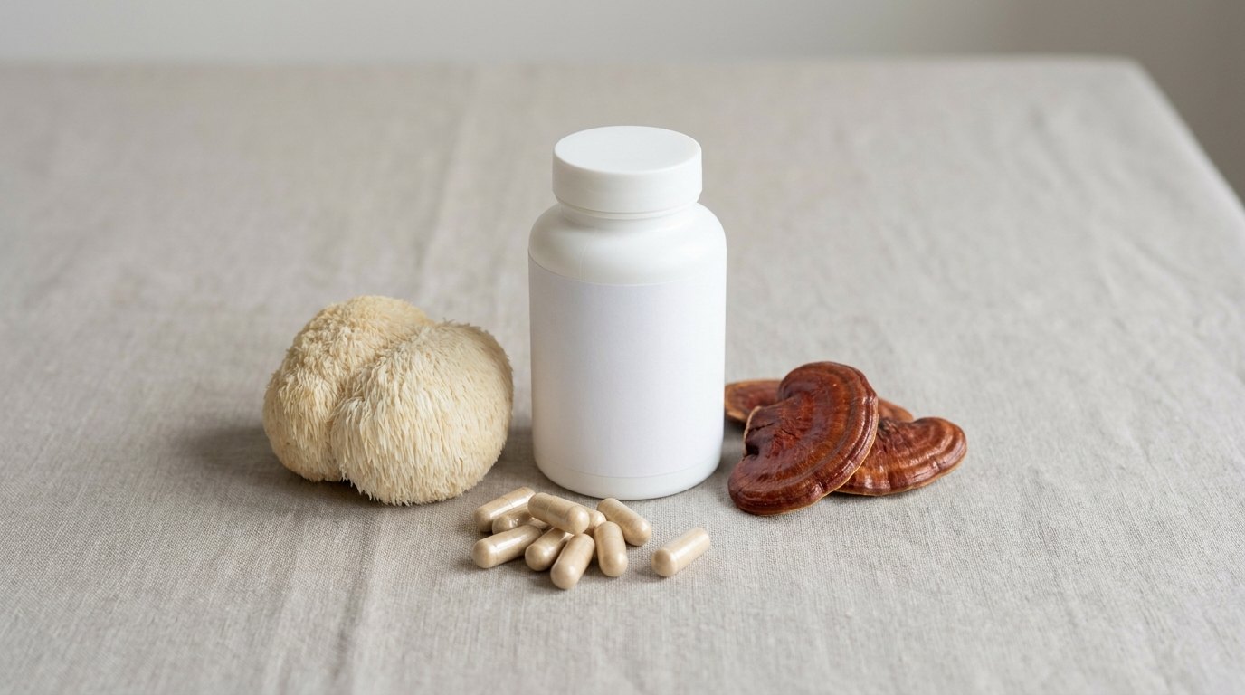 A white supplement bottle with a blank label, capsules, a dried lion's mane mushroom and reishi slices — private label mushroom supplements made in Europe