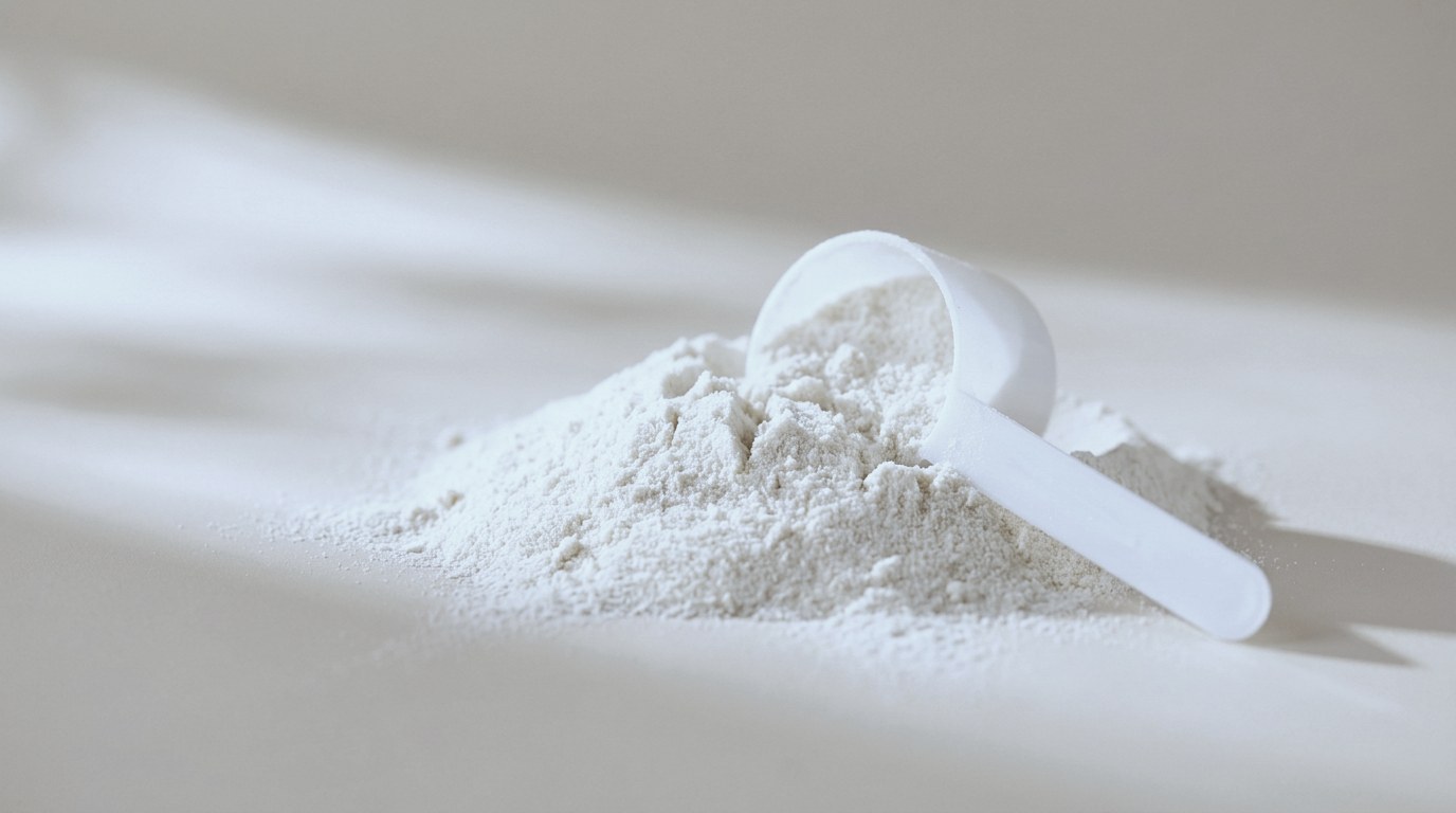 Close-up of fine white powder in a measuring scoop
