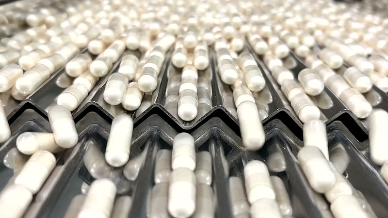 Filled capsules moving along the line at the plant in Mārupe, Latvia