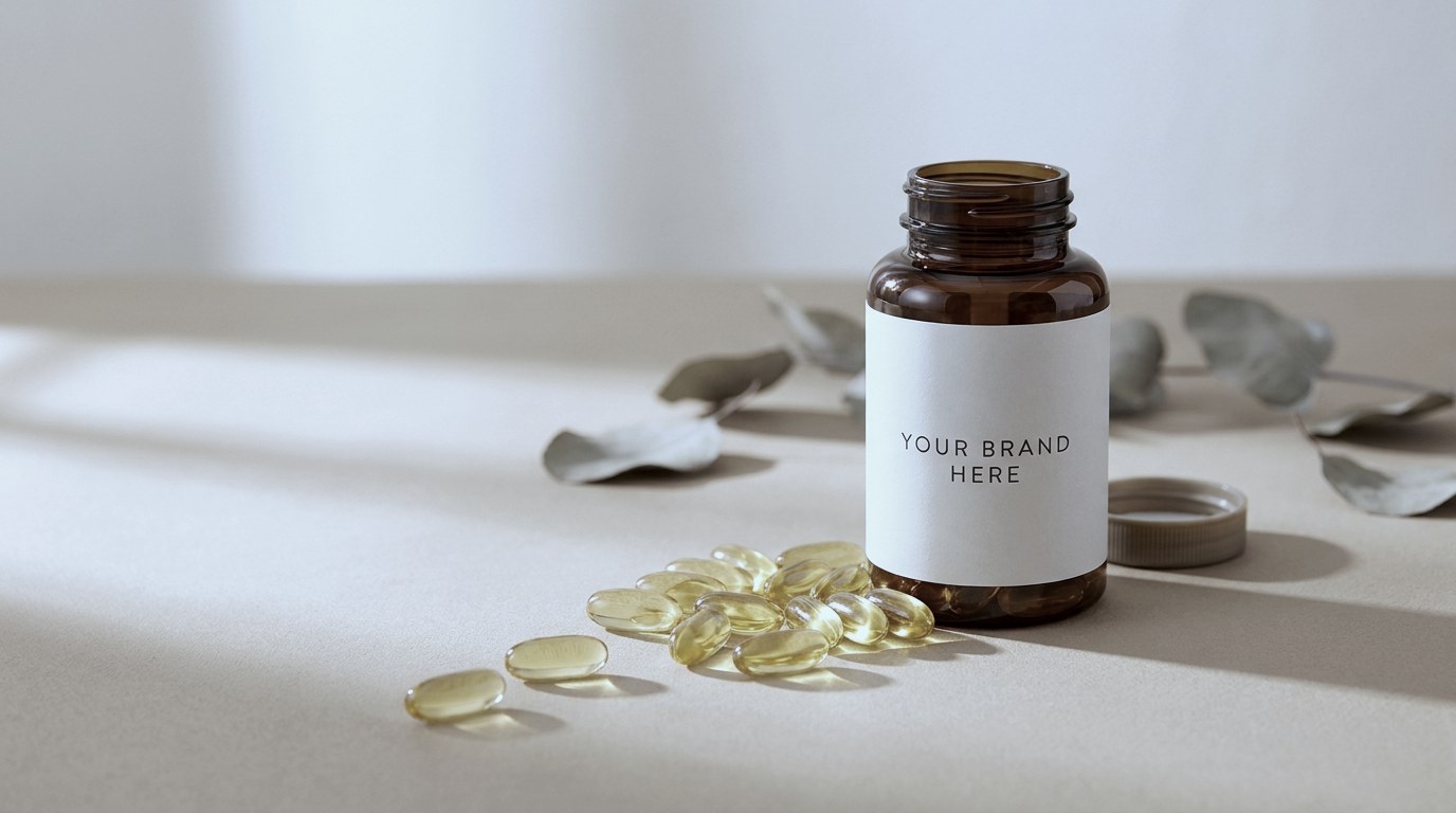 Amber PET bottle with a blank private label and golden softgel capsules — private label softgel manufacturing in Europe