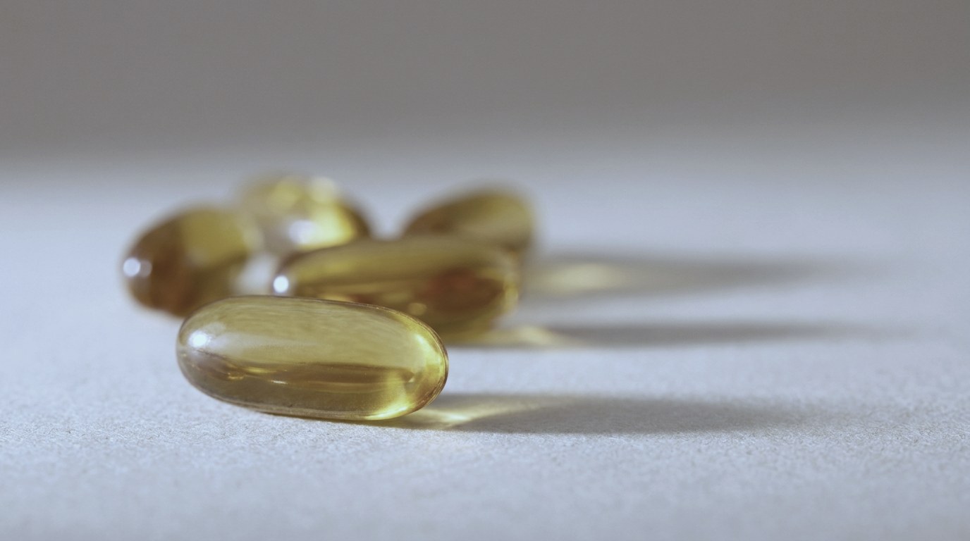 Macro shot of golden omega-3 softgel capsules on a beige surface