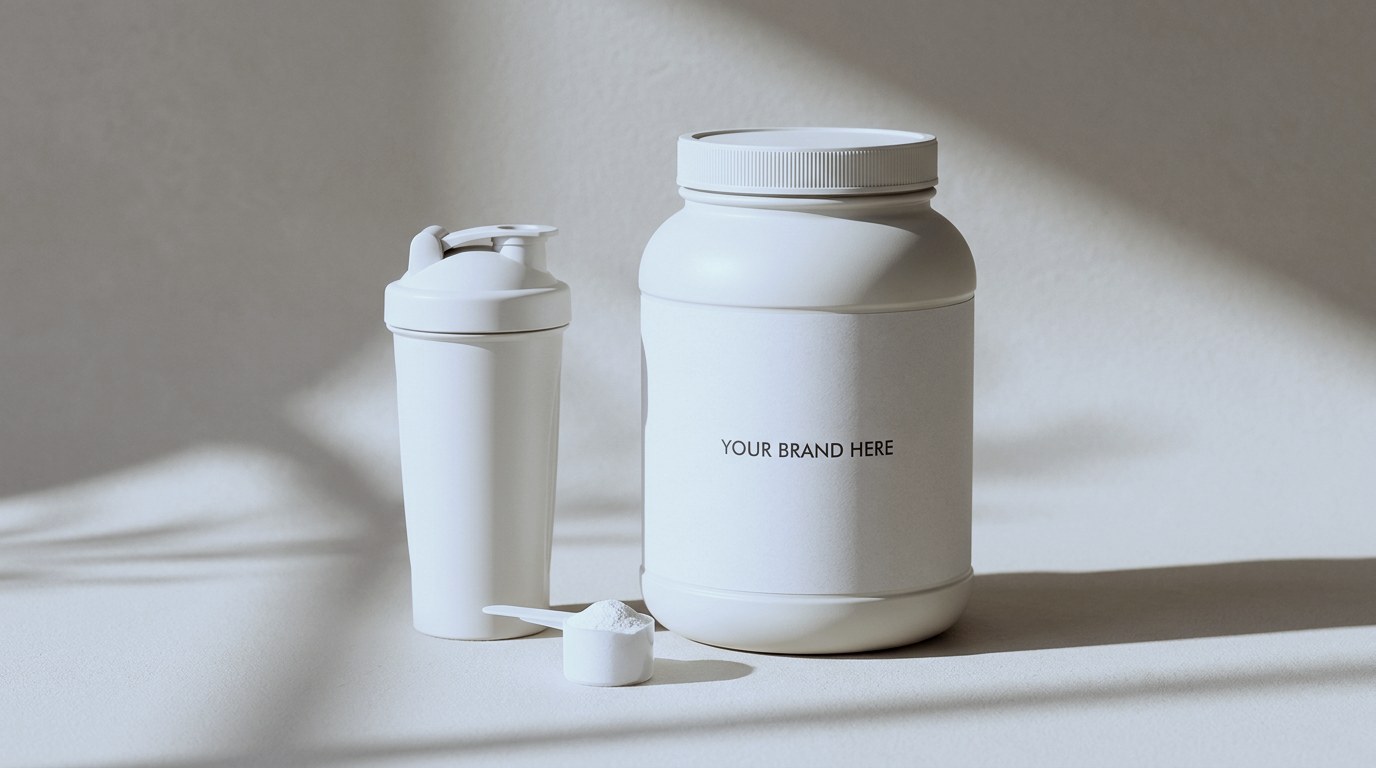 Sports nutrition jar and shaker with a blank private label — private label sports nutrition manufacturing in Europe