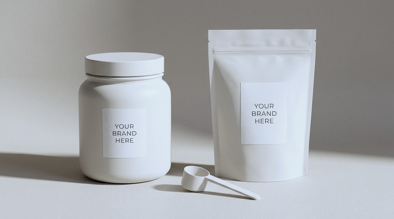 Sports nutrition powder in a branded jar and pouch