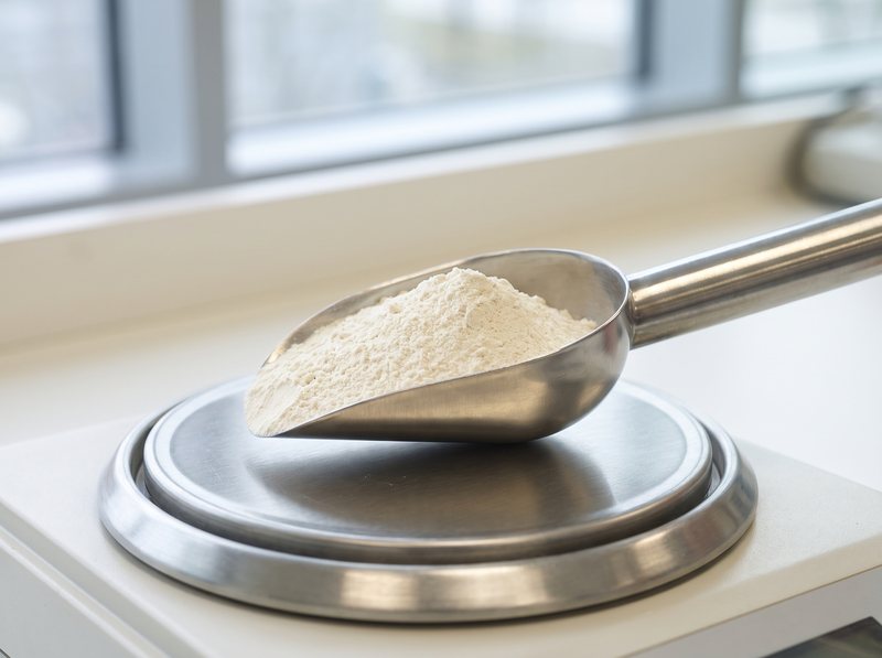 Powder weighed on a precision balance during formulation