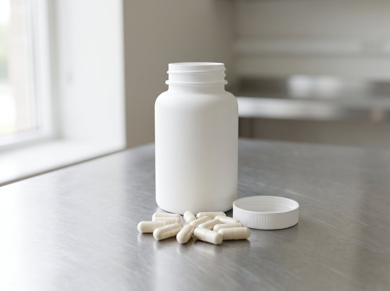 An unlabelled sample bottle of capsules on a bench