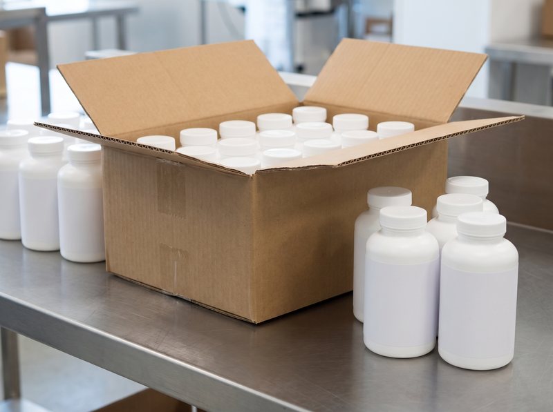 Labelled supplement bottles being packed into a shipping carton
