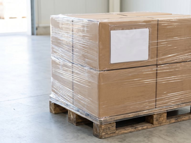 Shrink-wrapped cartons on a pallet ready for delivery