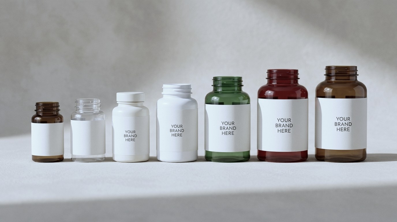 Own-brand supplement tablets in pharmacy bottles