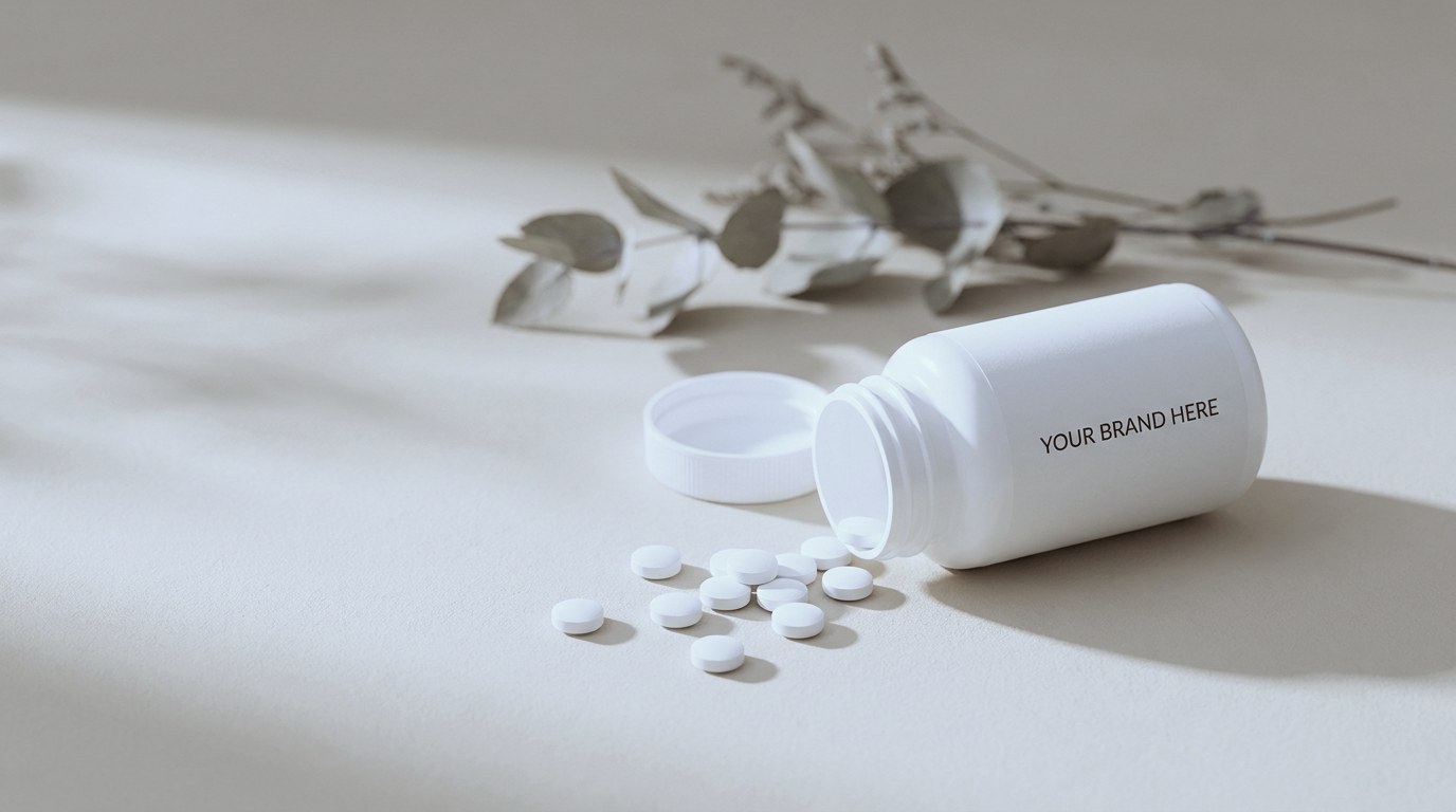 White PET bottle with a blank private label and round film-coated tablets — private label tablet manufacturing in Europe
