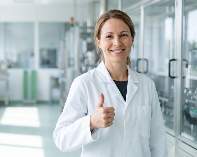 A production specialist in a white coat in the production area